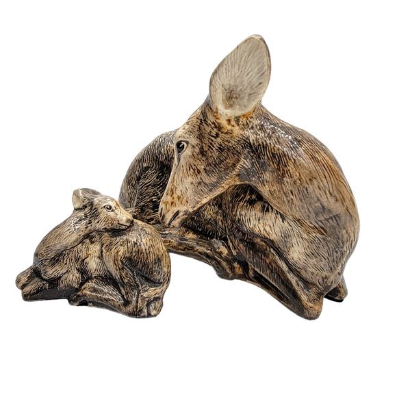 Ceramic Porcelain Mom and Baby Sitting Doe Deer and Baby Fawn Figurines - Picture 3 of 8